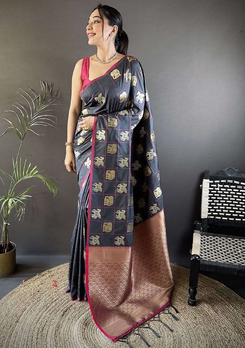 Grey Zari Printed Blended Saree Set for Diwali and Festive Wear - Indya