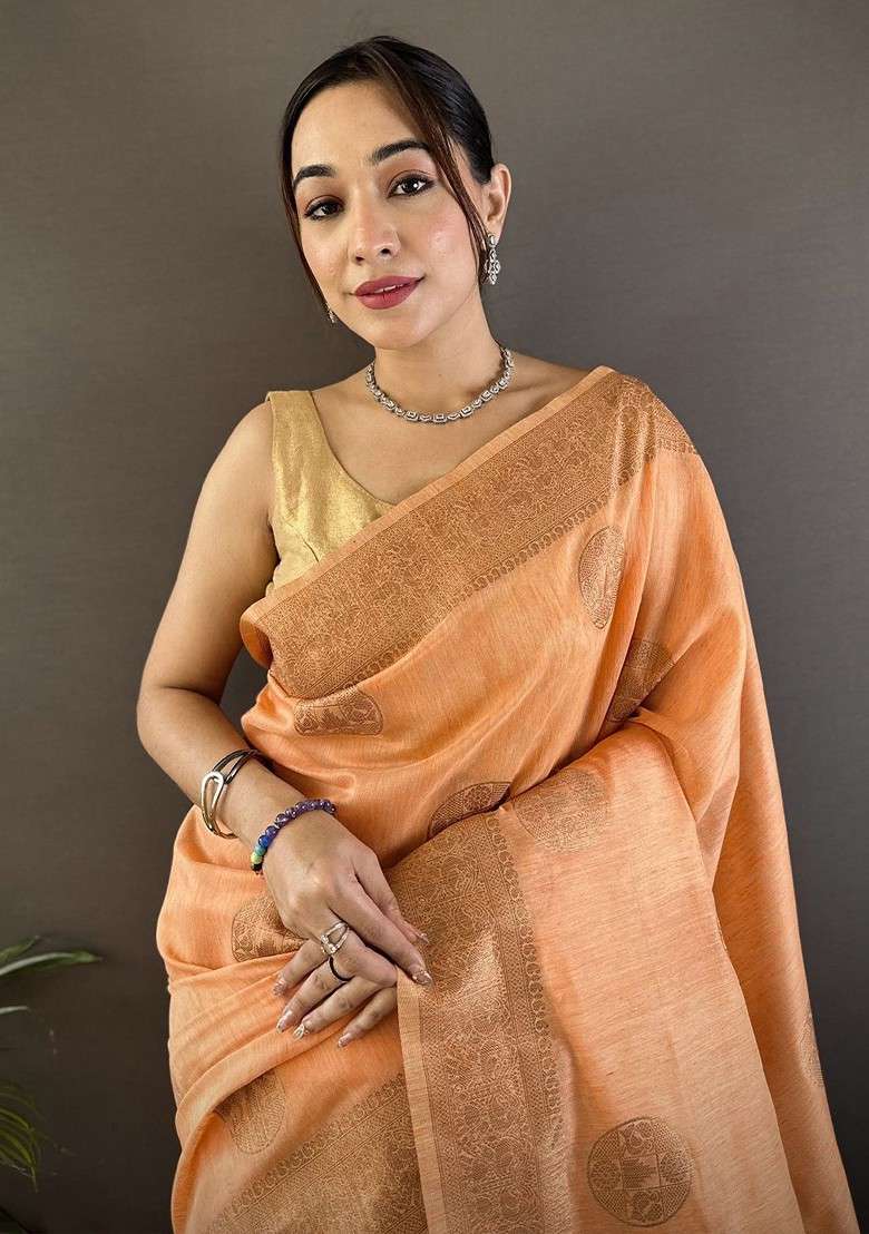 Orange Zari Blended Saree Set with Printed for Diwali | Wedding & Festive Wear - Indya