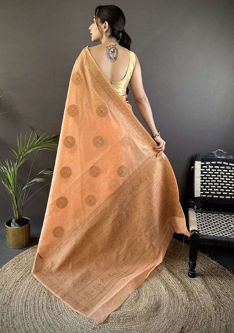 Orange Zari Blended Saree Set with Printed for Diwali | Wedding & Festive Wear - Indya