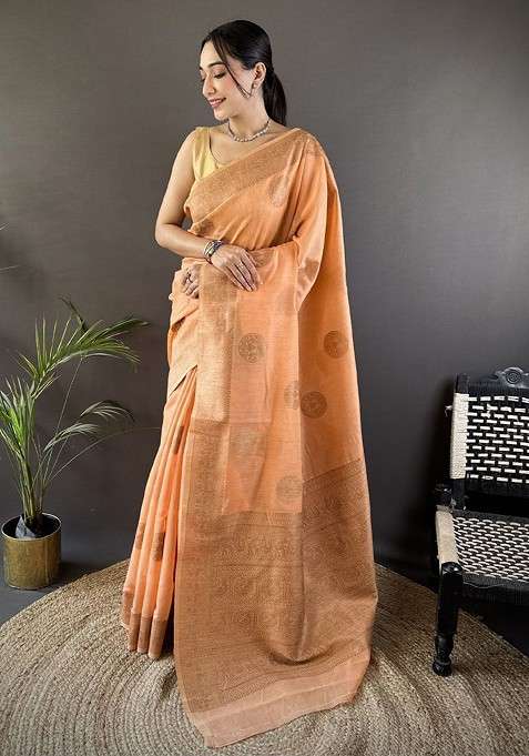 Orange Zari Blended Saree Set with Printed for Diwali | Wedding & Festive Wear