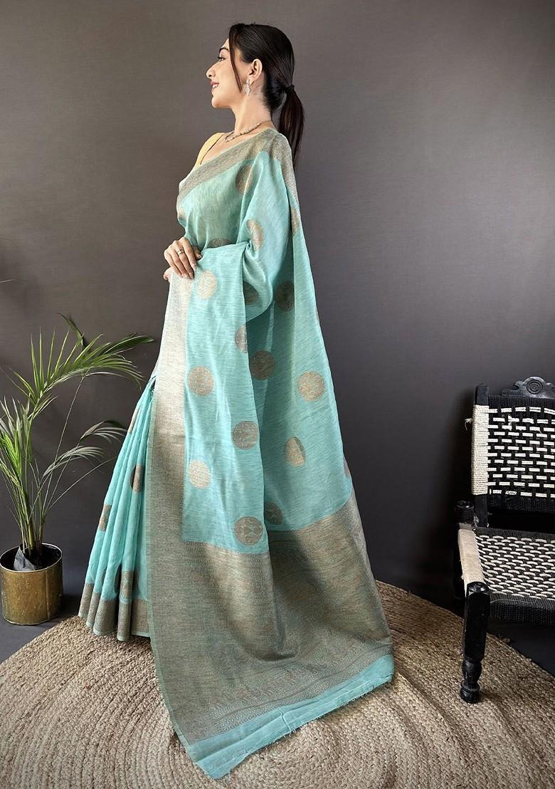 Blue Zari Printed Blended Saree Set - Indya