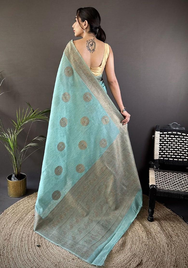 Blue Zari Printed Blended Saree Set - Indya
