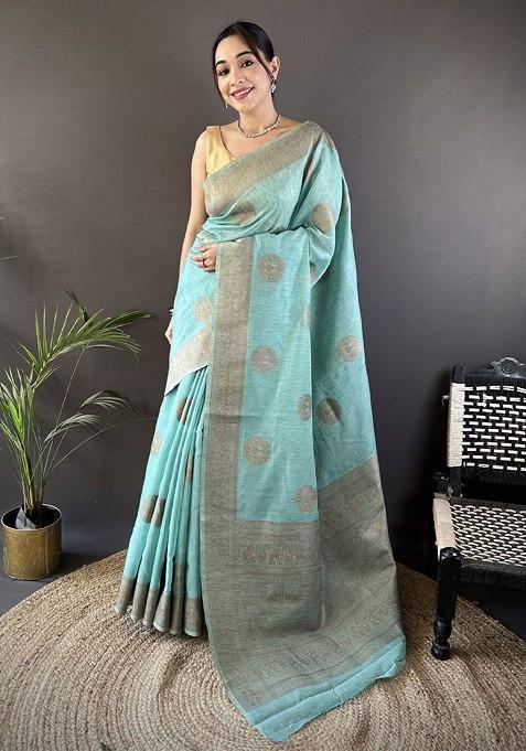 Blue Zari Printed Blended Saree Set