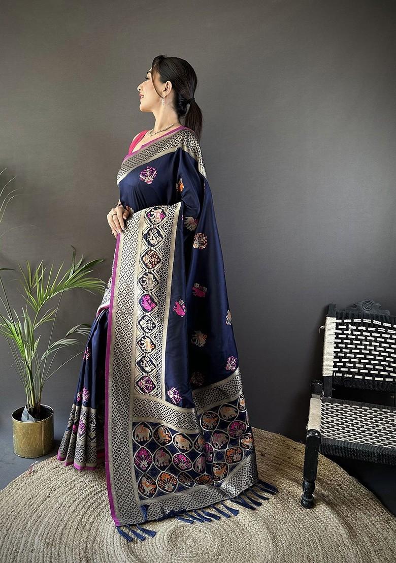 Blue Zari Printed Blended Saree Set - Indya
