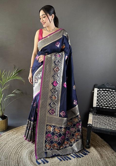 Blue Zari Printed Blended Saree Set