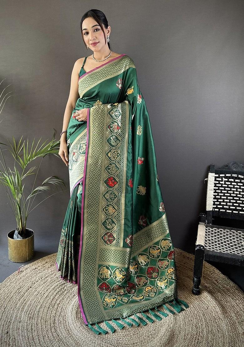 Green Zari Printed Blended Saree Set - Indya