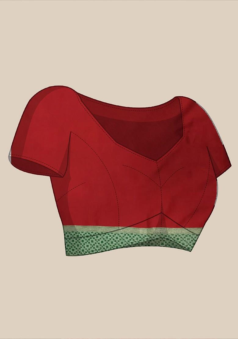 Red Zari Printed Blended Saree Set - Indya