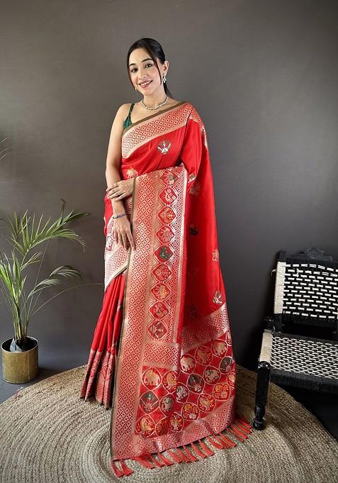 Red Zari Printed Blended Saree Set