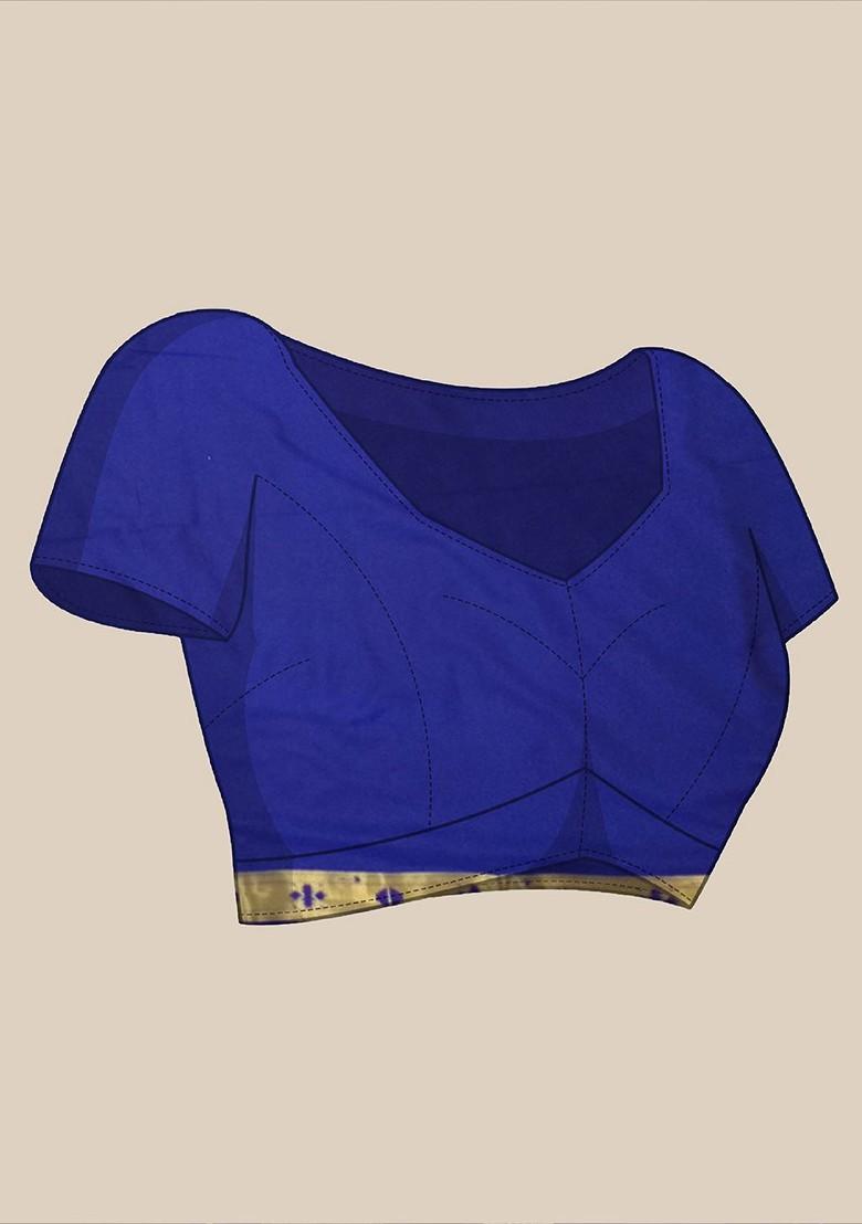 Blue Zari Printed Blended Saree Set - Indya