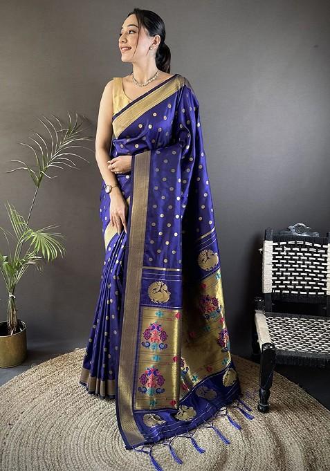 Blue Zari Printed Blended Saree Set