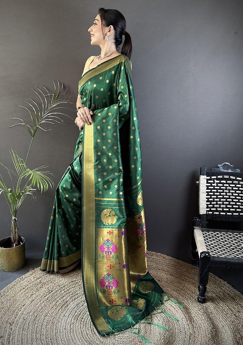 Green Zari Printed Blended Saree Set - Indya