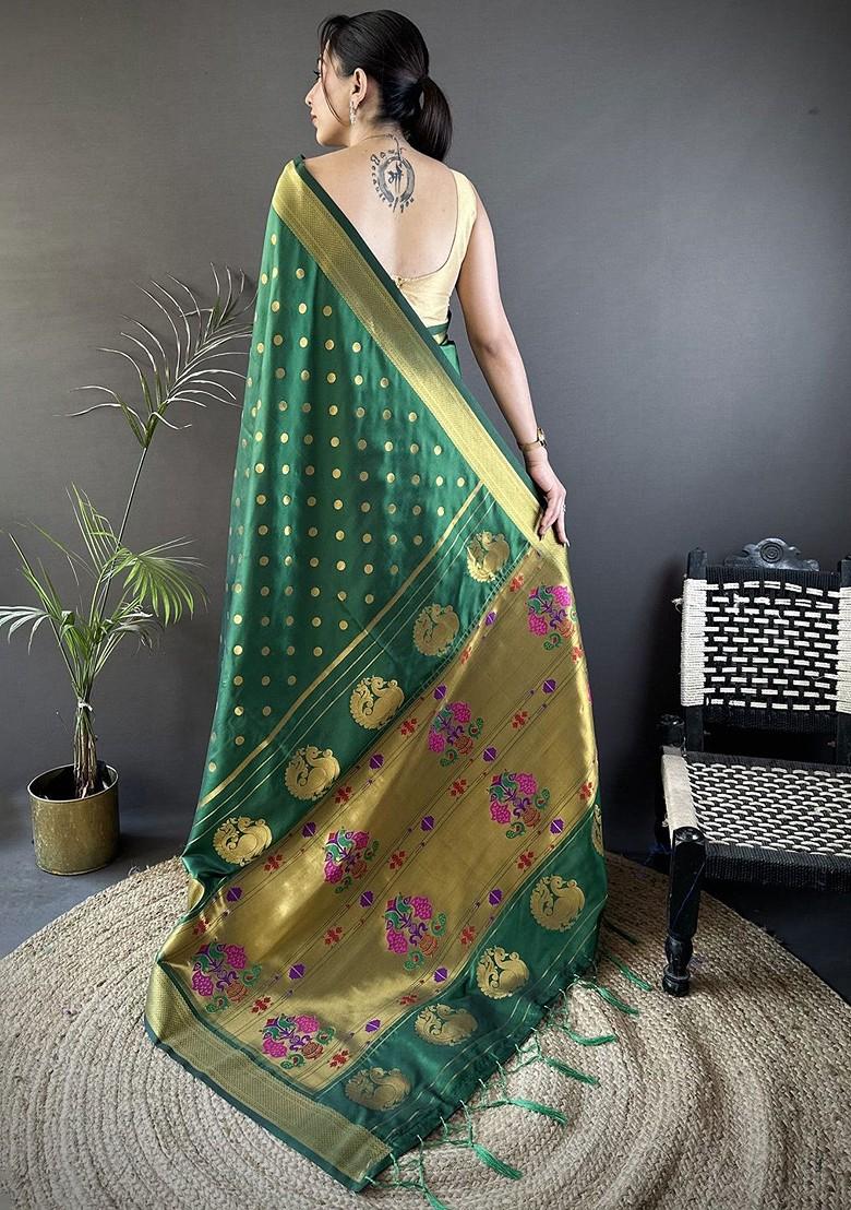 Green Zari Printed Blended Saree Set - Indya