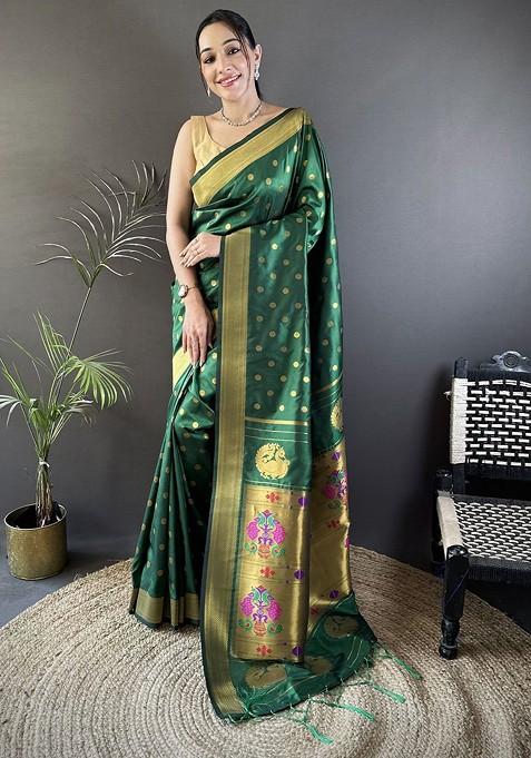 Green Zari Printed Blended Saree Set