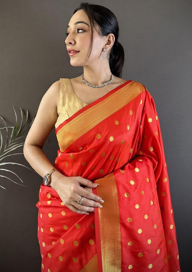 Red Zari Printed Blended Saree Set - Indya