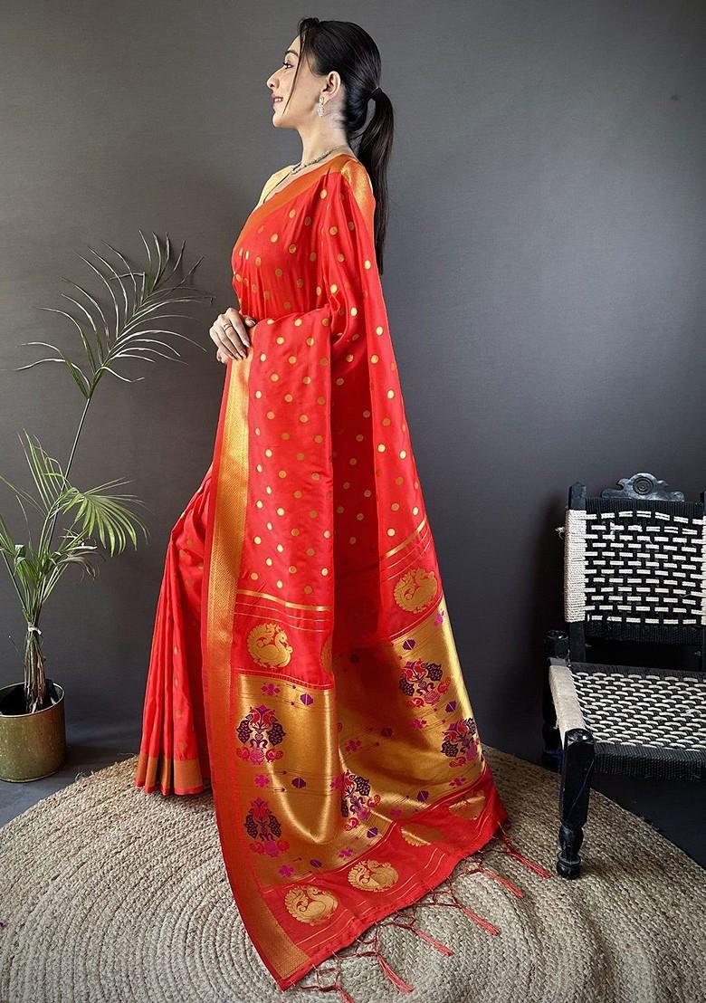 Red Zari Printed Blended Saree Set - Indya