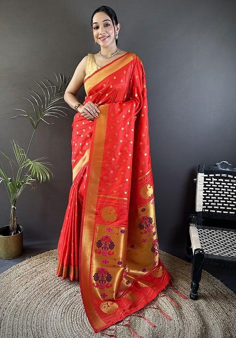 Red Zari Printed Blended Saree Set