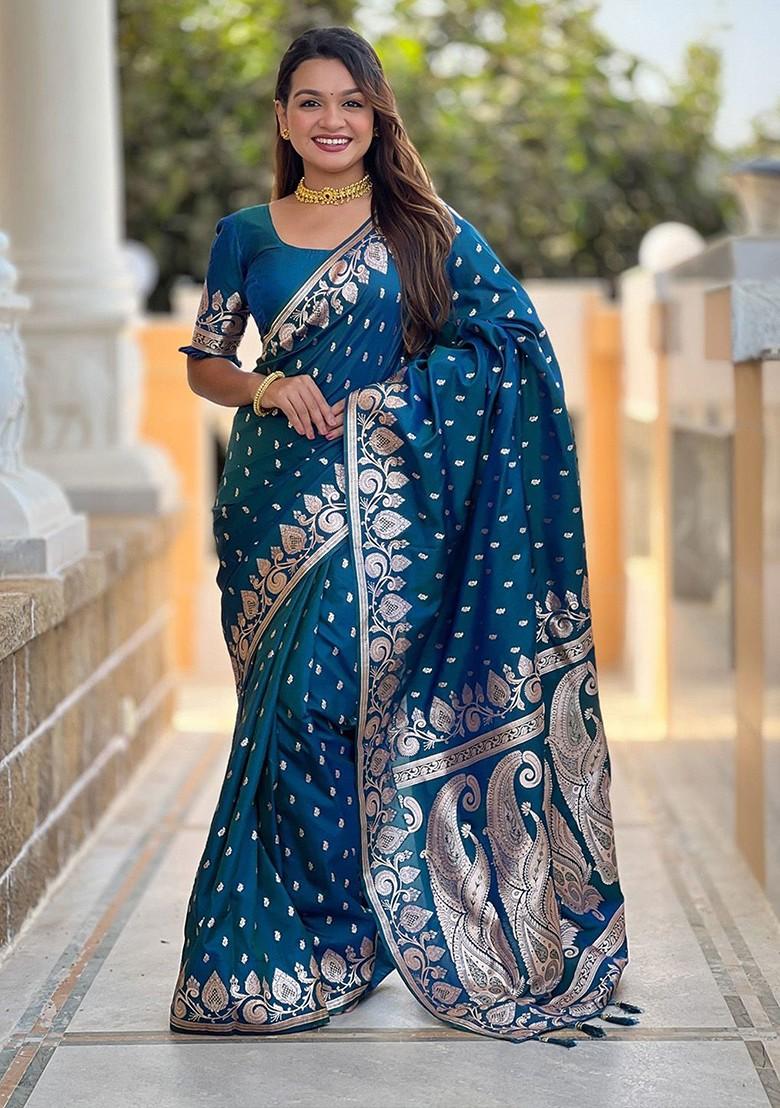 Teal Zari Printed Blended Saree Set - Indya