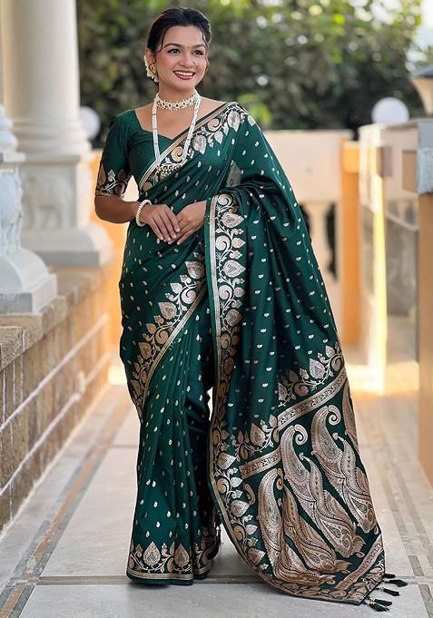 Green Zari Printed Blended Saree Set