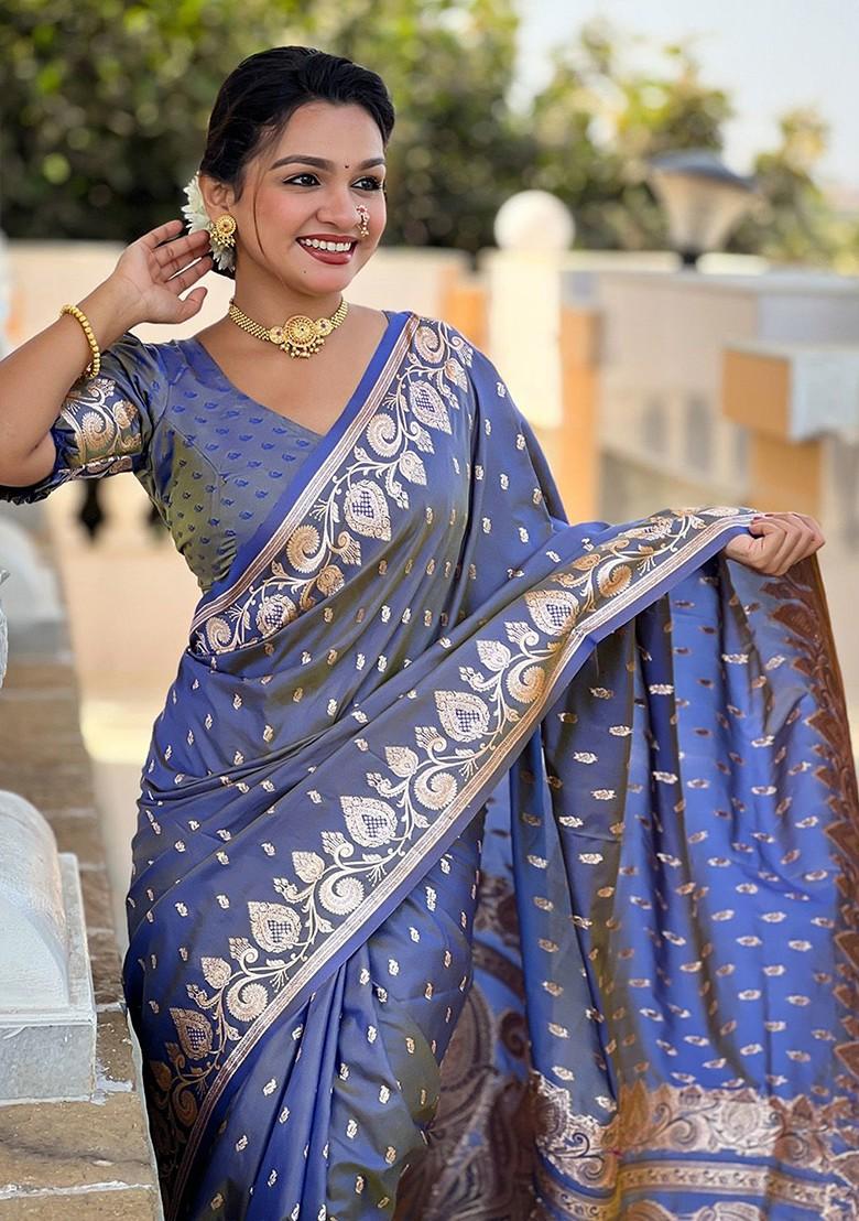 Blue Zari Printed Blended Saree Set - Indya