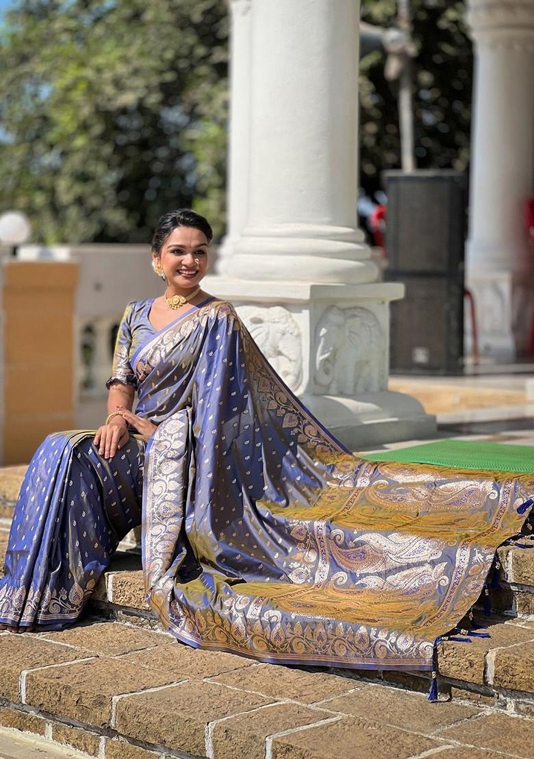 Blue Zari Printed Blended Saree Set - Indya