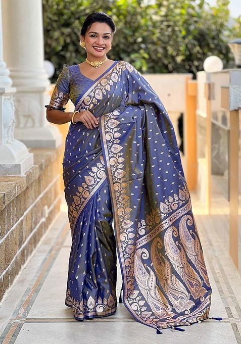 Blue Zari Printed Blended Saree Set