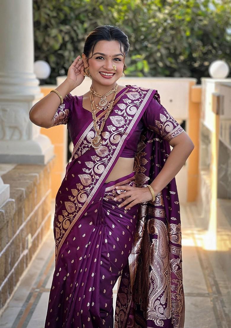 Burgundy Zari Printed Blended Saree Set - Indya