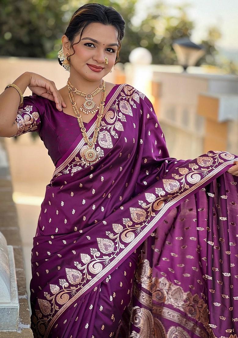 Burgundy Zari Printed Blended Saree Set - Indya