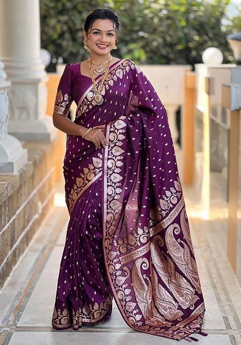 Burgundy Zari Printed Blended Saree Set