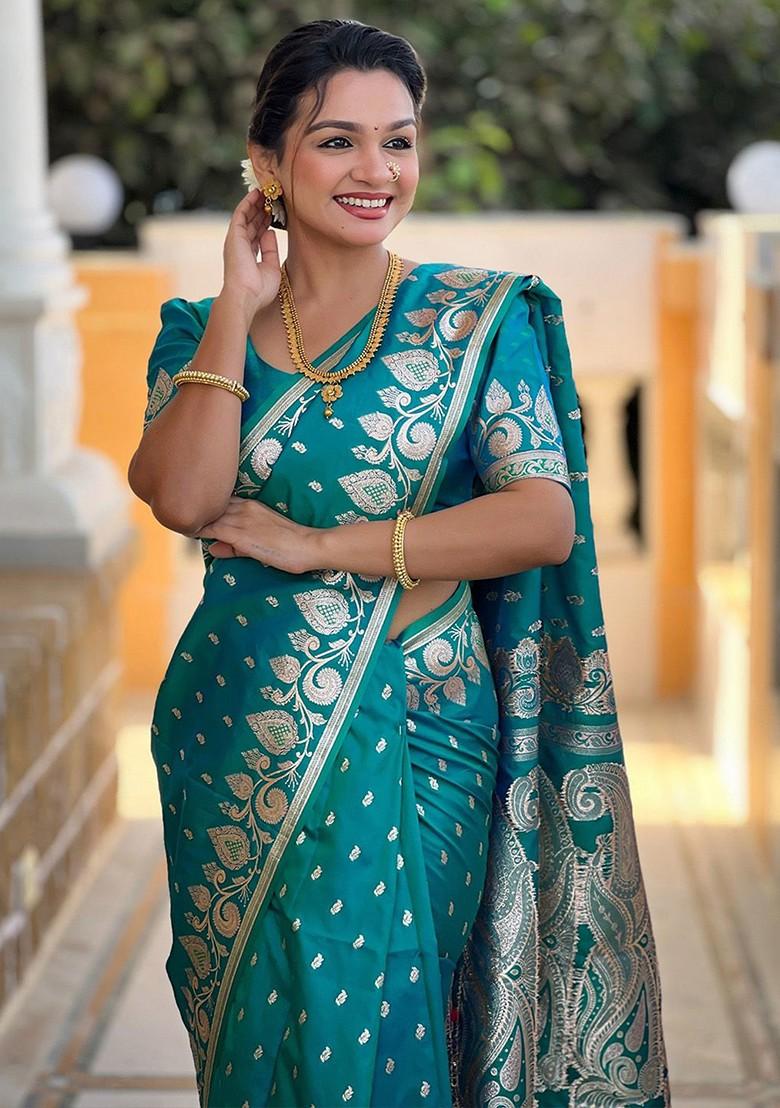 Teal Zari Printed Blended Saree Set - Indya