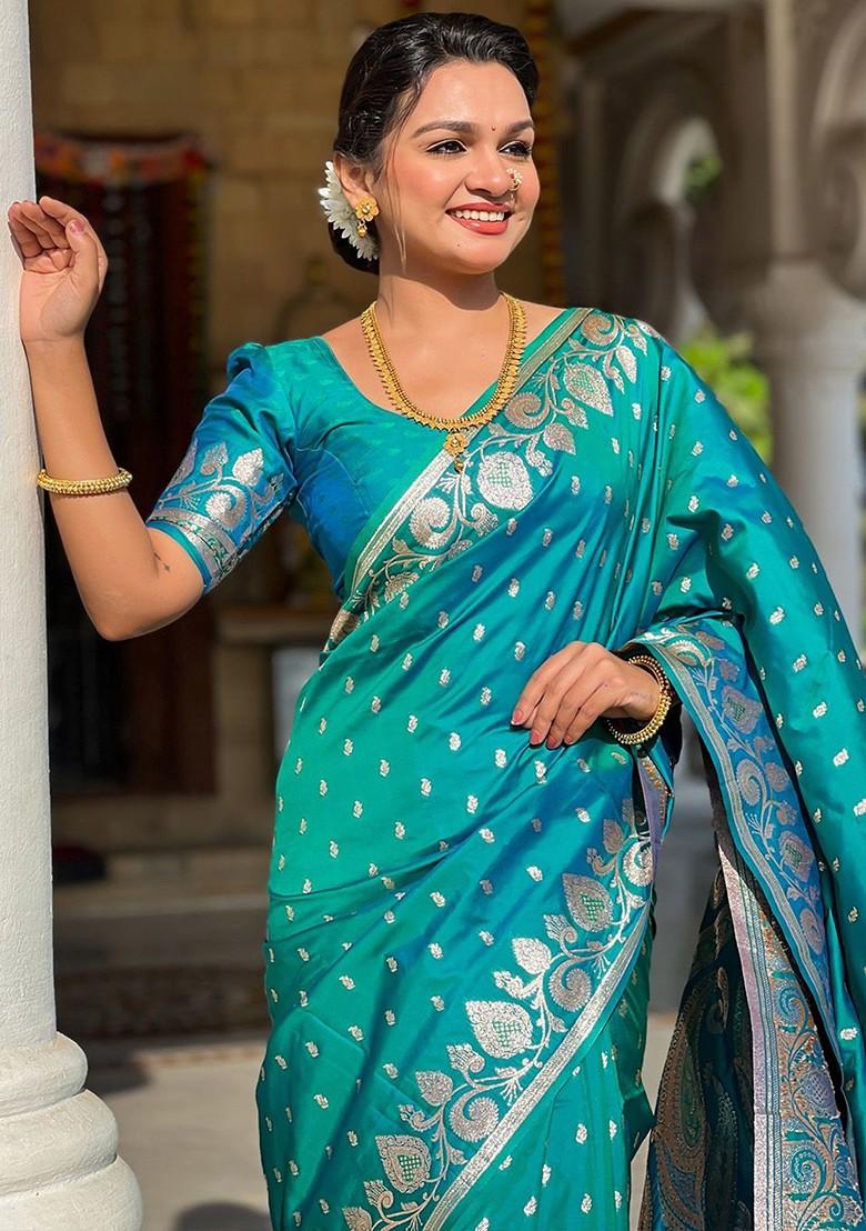 Teal Zari Printed Blended Saree Set - Indya