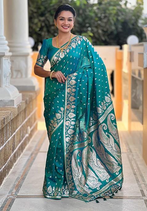 Teal Zari Printed Blended Saree Set