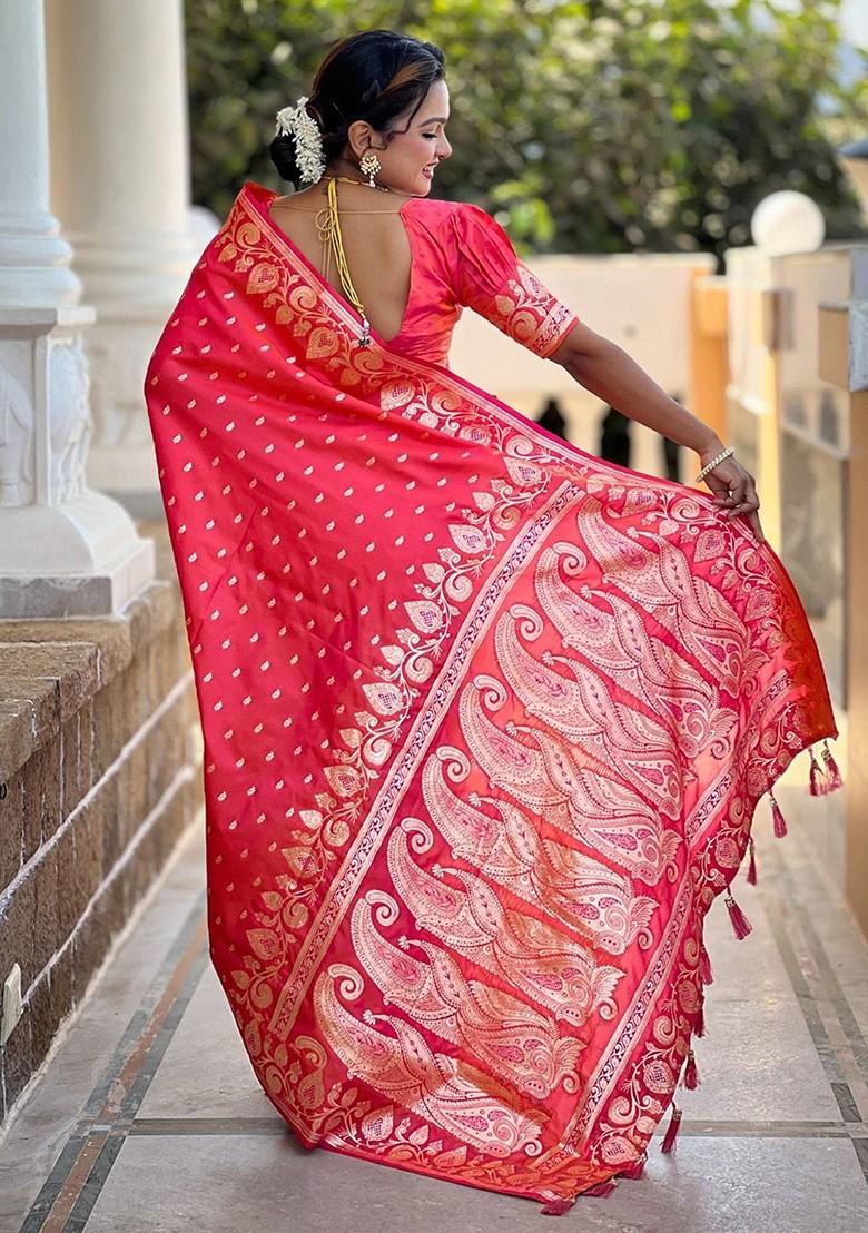 Peach Zari Printed Blended Saree Set - Indya