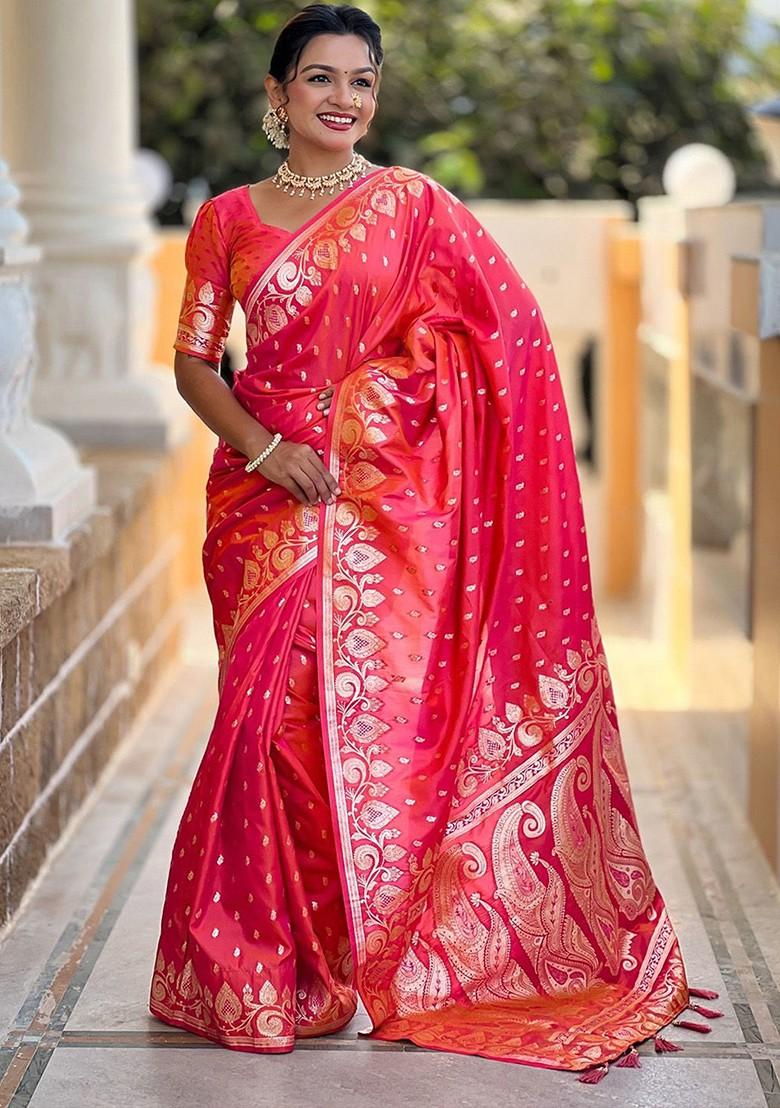 Peach Zari Printed Blended Saree Set - Indya