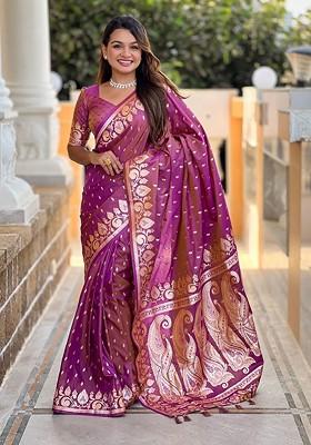 Magenta Zari Printed Blended Saree Set