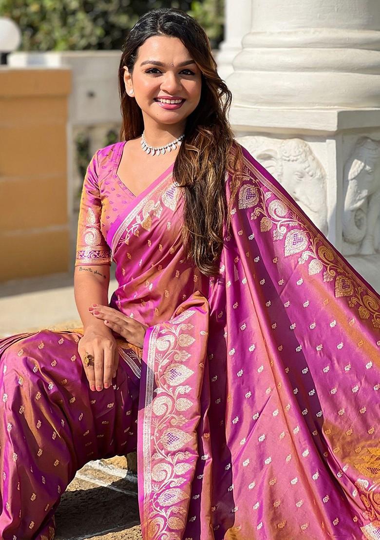 Magenta Zari Printed Blended Saree Set - Indya