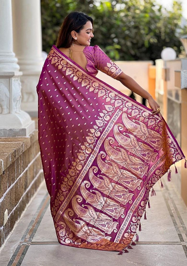 Magenta Zari Printed Blended Saree Set - Indya
