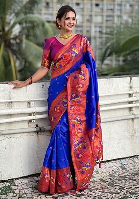 Blue Embroidered Blended Saree Set