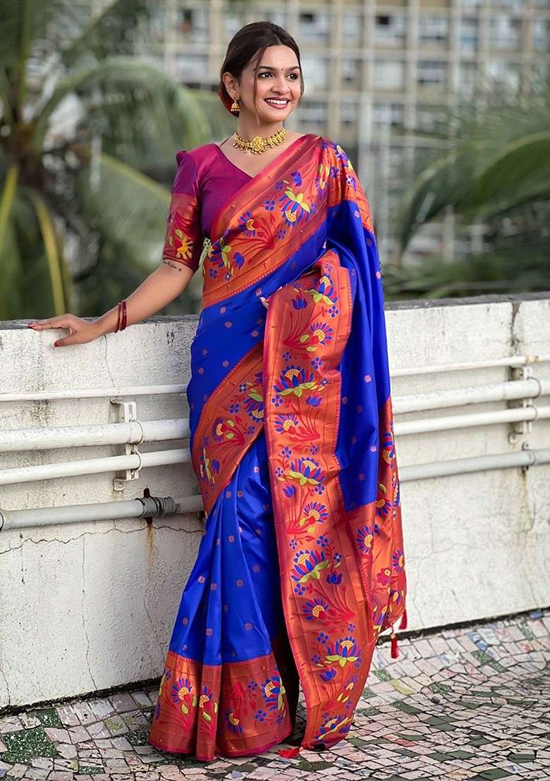 Blue Embroidered Blended Saree Set for Diwali and Festive Wear - Indya