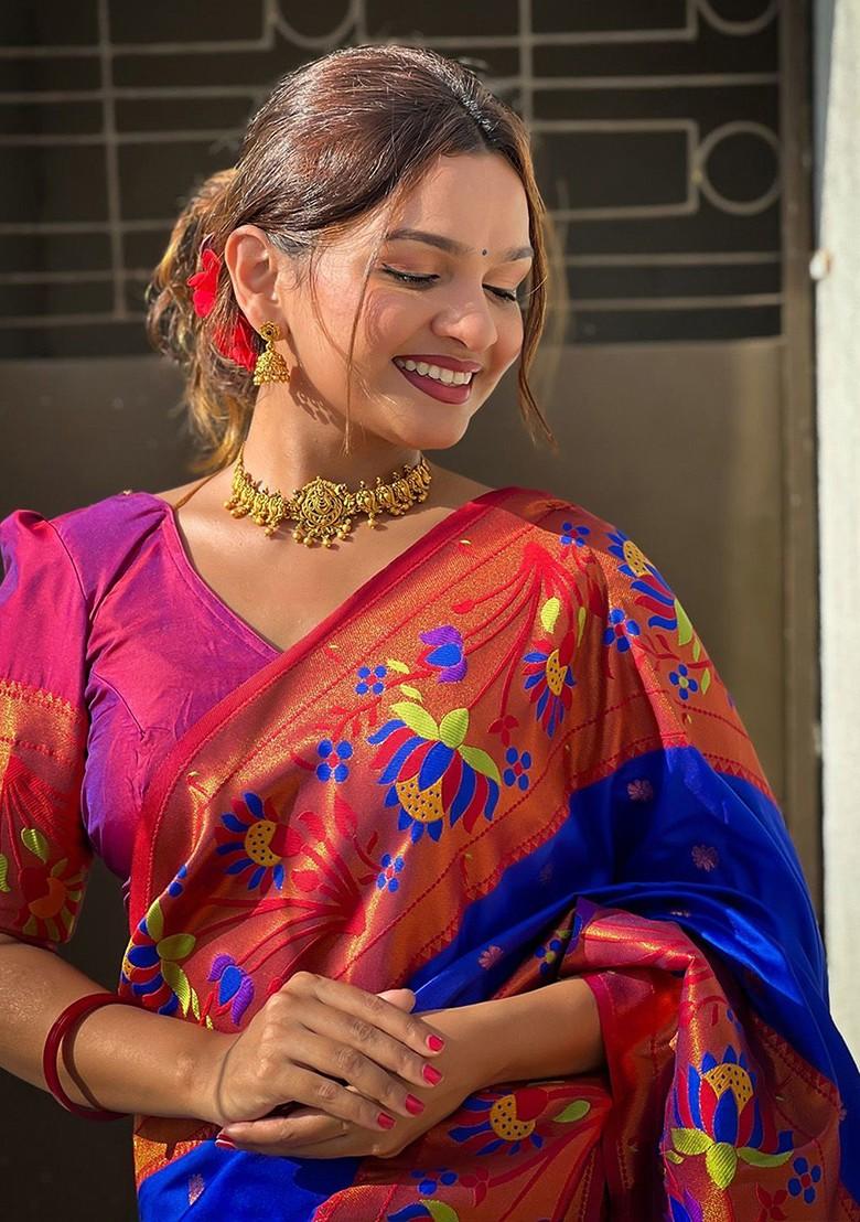 Blue Embroidered Blended Saree Set - Indya