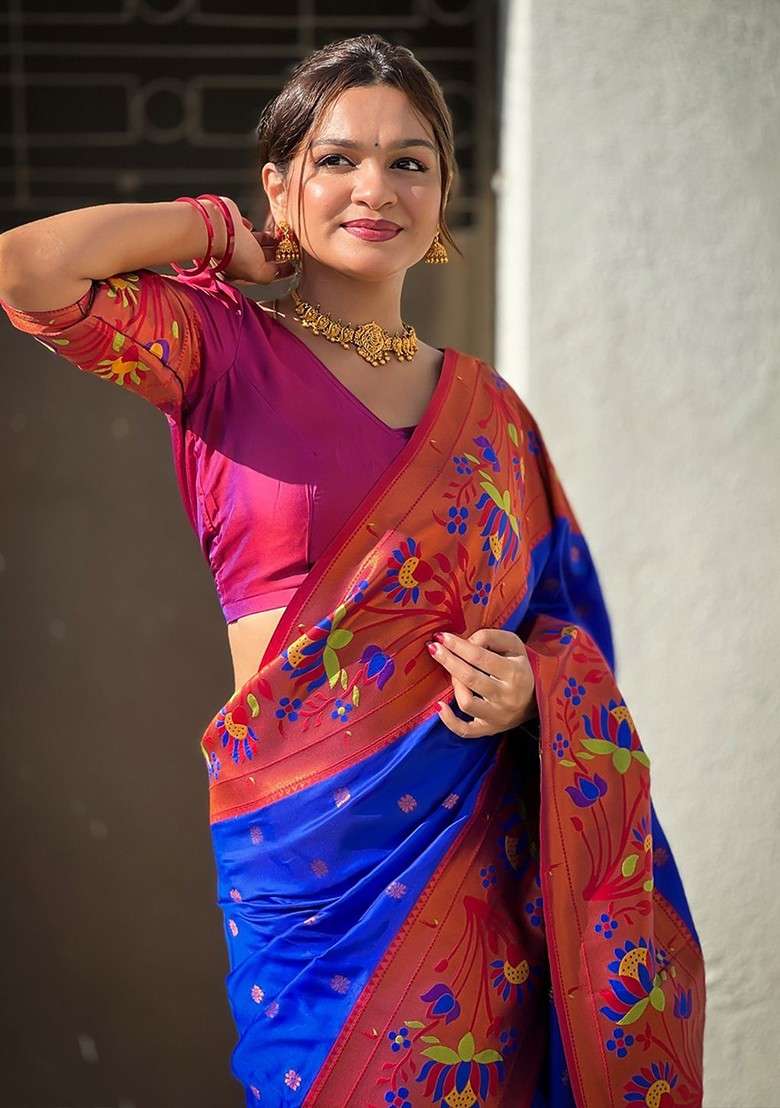 Blue Embroidered Blended Saree Set for Diwali and Festive Wear - Indya