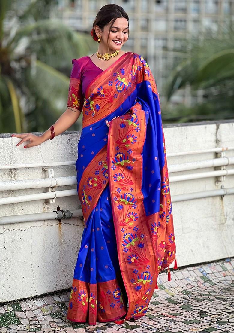Blue Embroidered Blended Saree Set - Indya