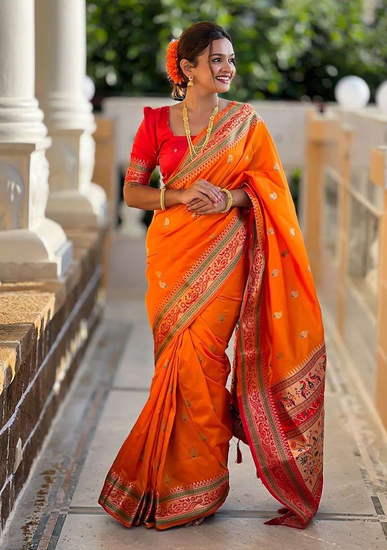 Orange Zari Printed Blended Saree Set - Indya