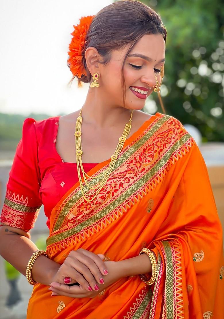 Orange Zari Printed Blended Saree Set - Indya