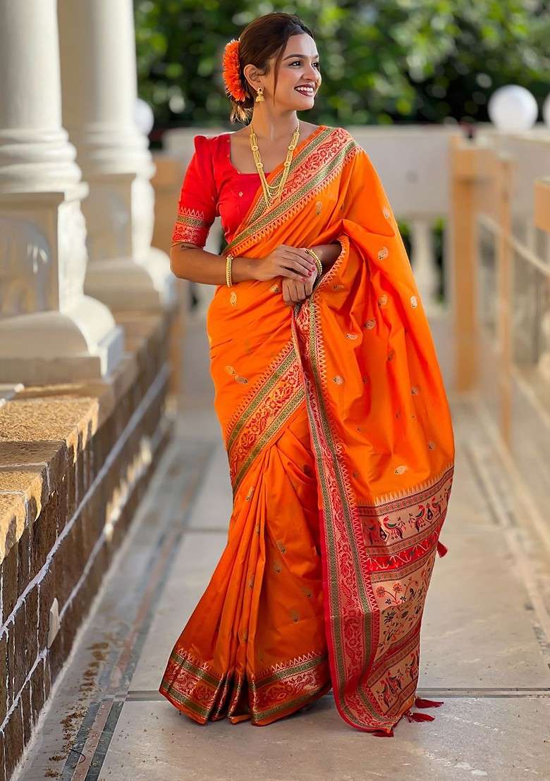 Orange Zari Printed Blended Saree Set - Indya