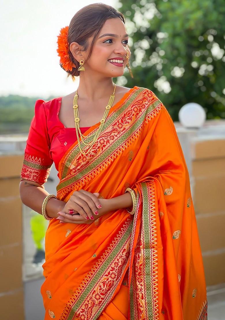 Orange Zari Printed Blended Saree Set - Indya