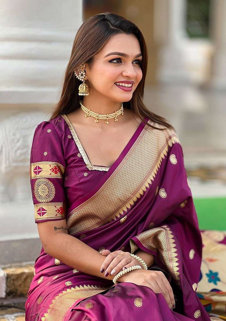 Purple Zari Blended Saree Set with Printed for Diwali | Wedding & Festive Wear - Indya