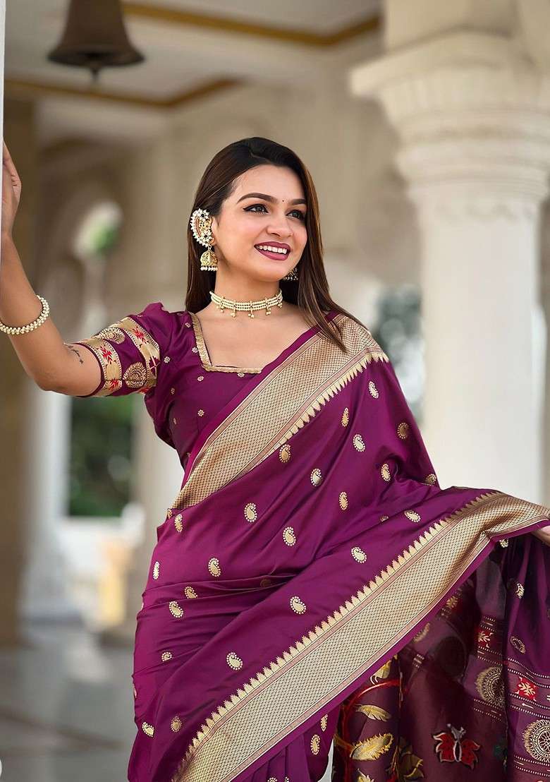 Purple Zari Blended Saree Set with Printed for Diwali | Wedding & Festive Wear - Indya