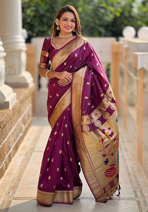 Purple Zari Blended Saree Set with Printed for Diwali | Wedding & Festive Wear