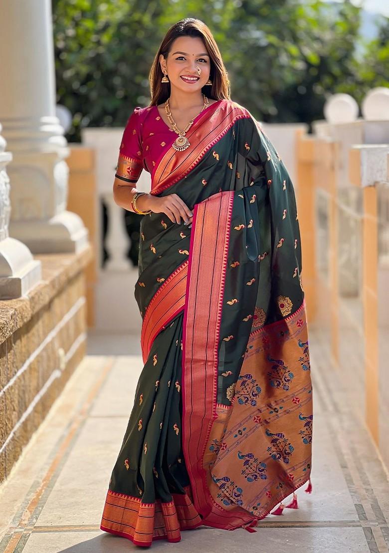 Green Zari Printed Blended Saree Set - Indya