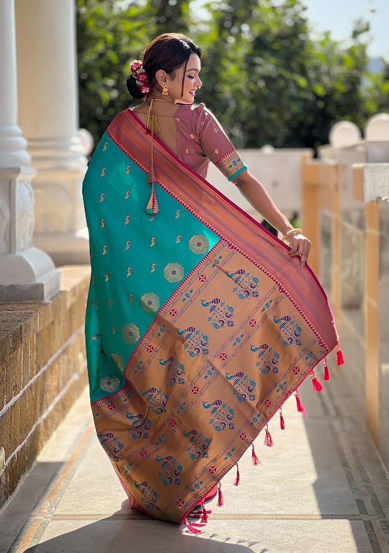 Teal Zari Printed Blended Saree Set - Indya